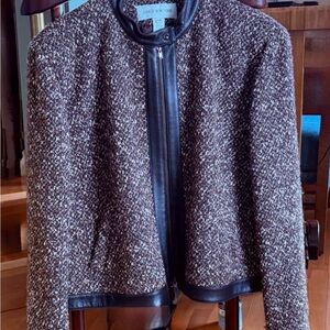 Jones New York Women's Brown Tweed Blazer with Black Leather Trim